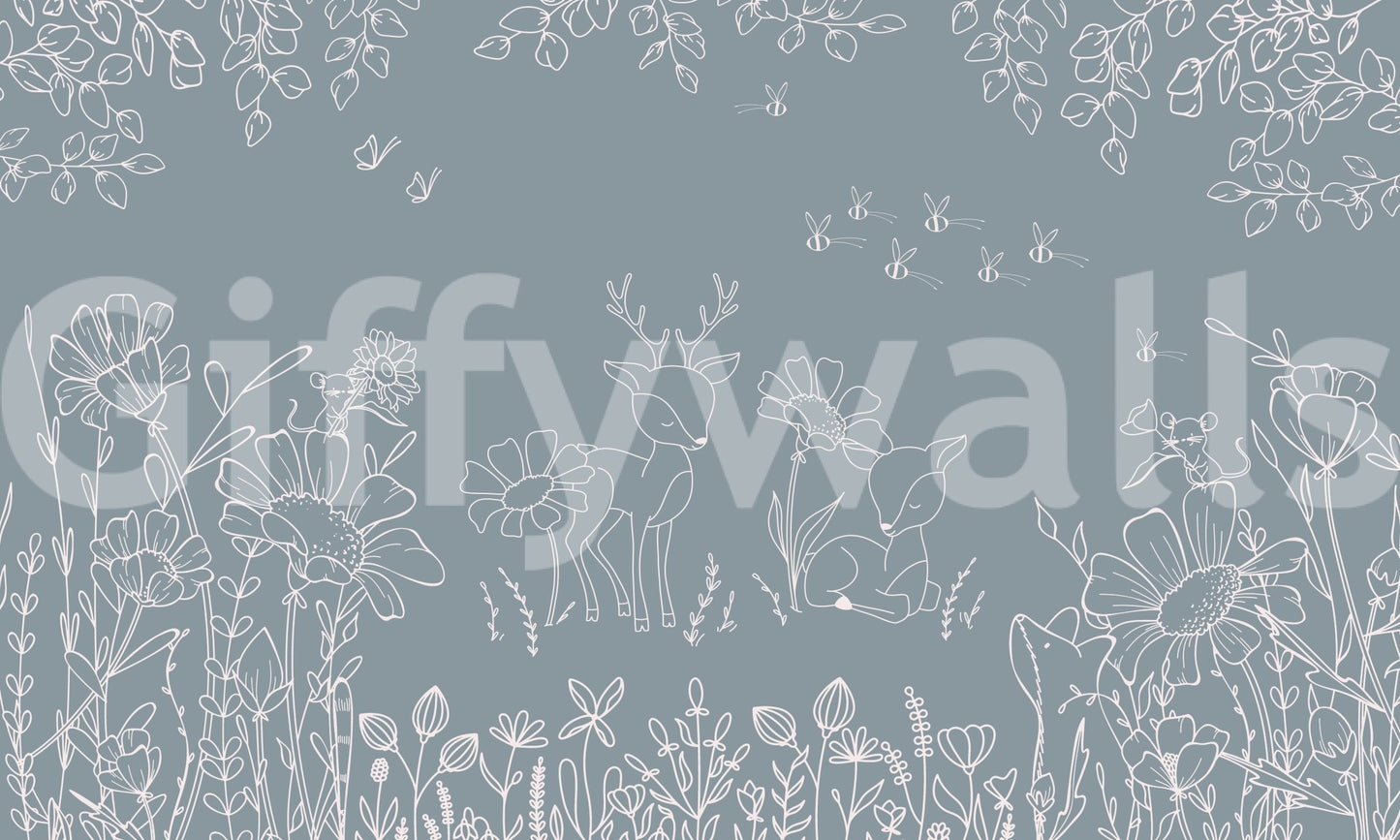Deer Doodles Blue Wall Mural features calm botanical line work, GD9182