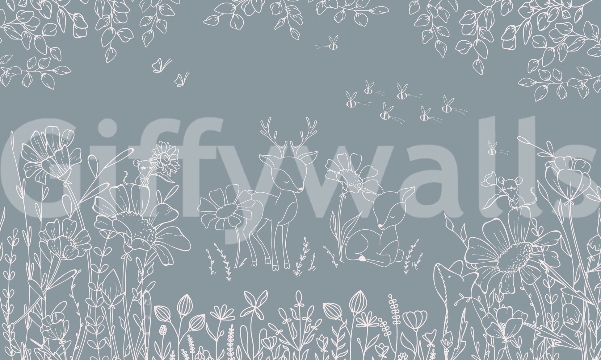 Deer Doodles Blue Wall Mural features calm botanical line work, GD9182