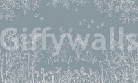 Deer Doodles Blue Wall Mural features calm botanical line work, GD9182