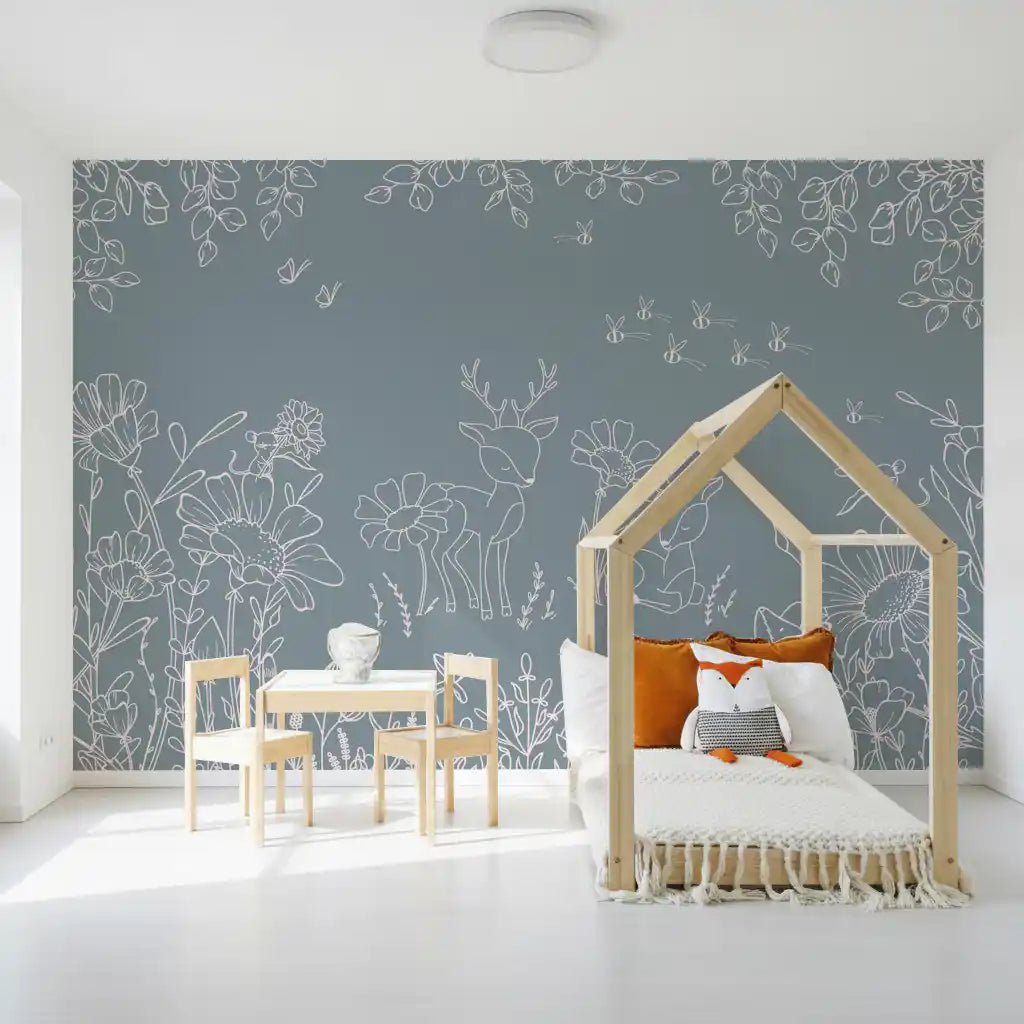 Delicate bee and bloom drawings appear in Deer Doodles Blue Mural, GD9182