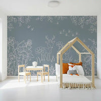 Delicate bee and bloom drawings appear in Deer Doodles Blue Mural, GD9182