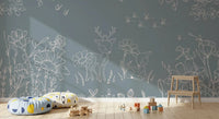 Deer Doodles Blue Wall Mural in a play  area with floral line art, GD9182