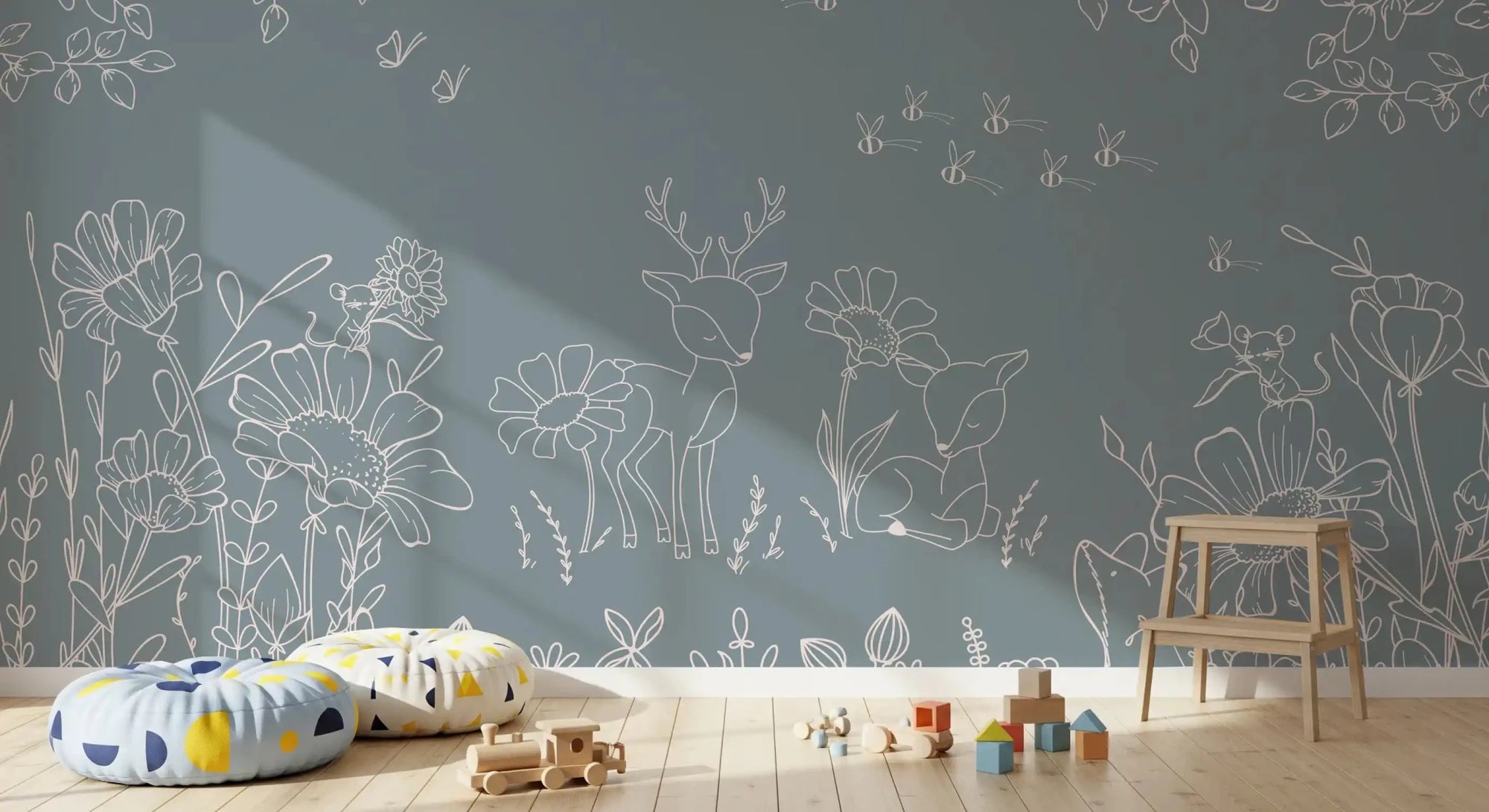 Deer Doodles Blue Wall Mural in a play  area with floral line art, GD9182