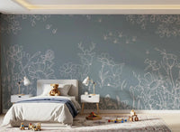 Floral meadow sketch details shape Deer Doodles Blue Wall Mural, GD9182
