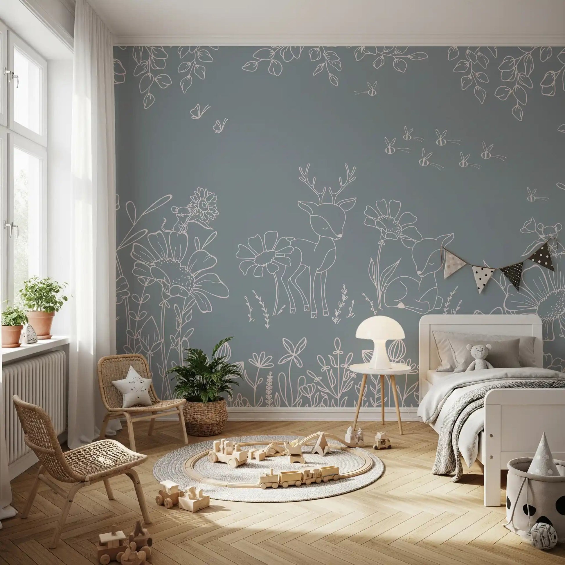 Soft blue kids bedroom wall featuring Deer Doodles Wall Mural deer outlines, GD9182