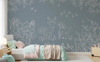 White sketch florals and deer define Deer Doodles Blue Wall Mural, GD9182