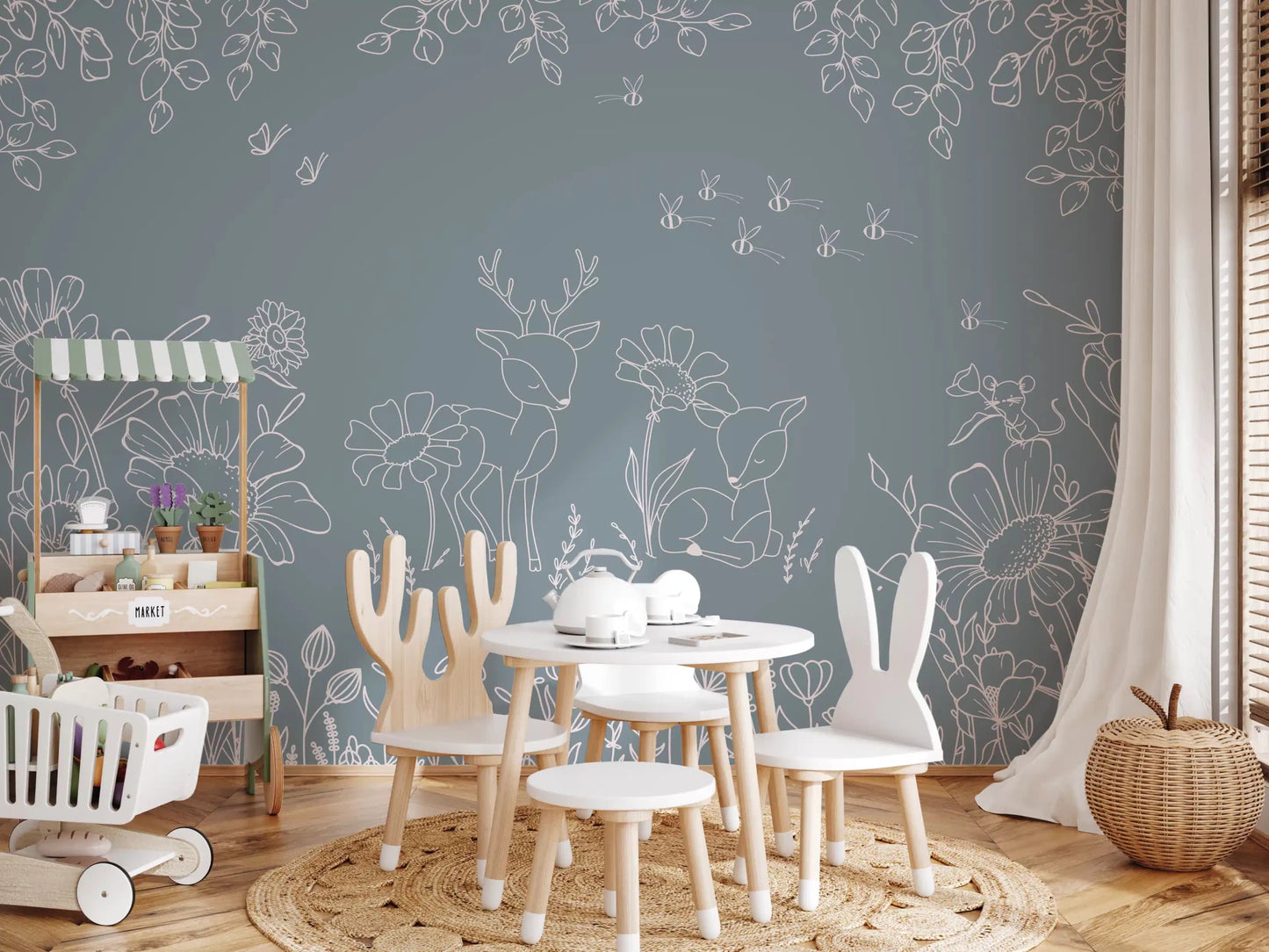A nursery styled with Deer Doodles Blue Wall Mural and bee details, GD9182