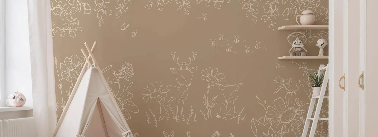 Deer Doodles Brown Wall Mural with bees and floral details, GD9183