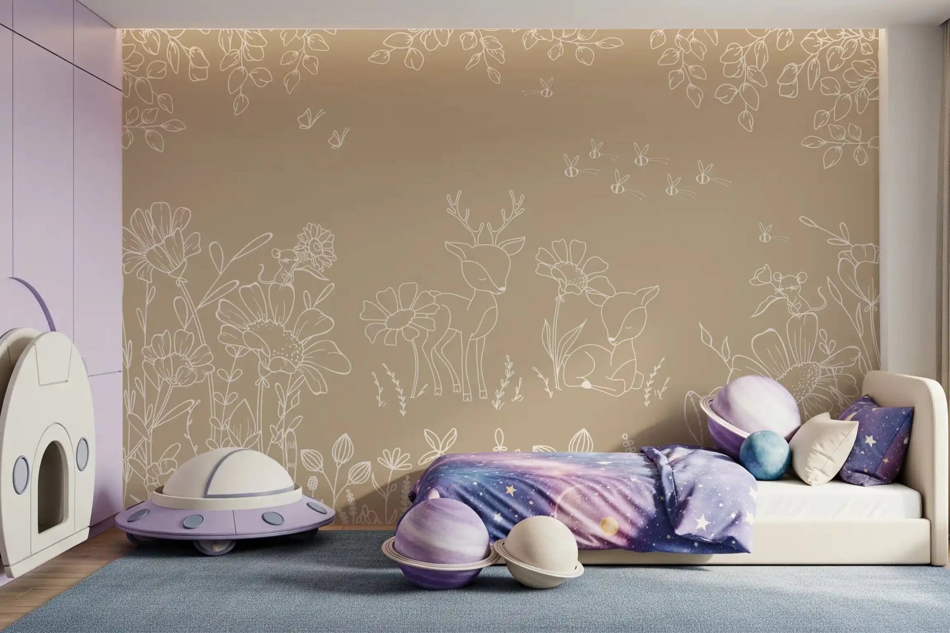 Minimal sketch Wall Mural in Deer Doodles Brown tone, GD9183