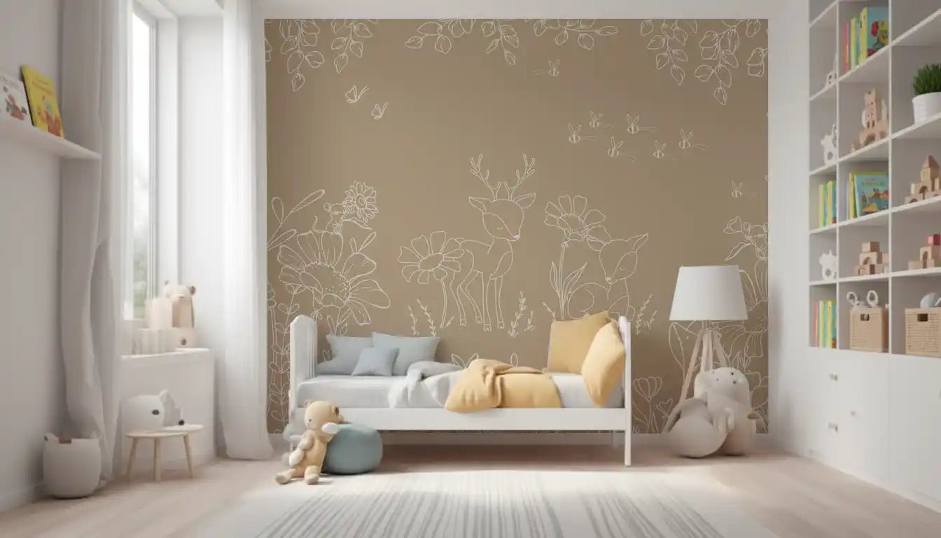 White line Wall Mural in Deer Doodles Brown warm base, GD9183