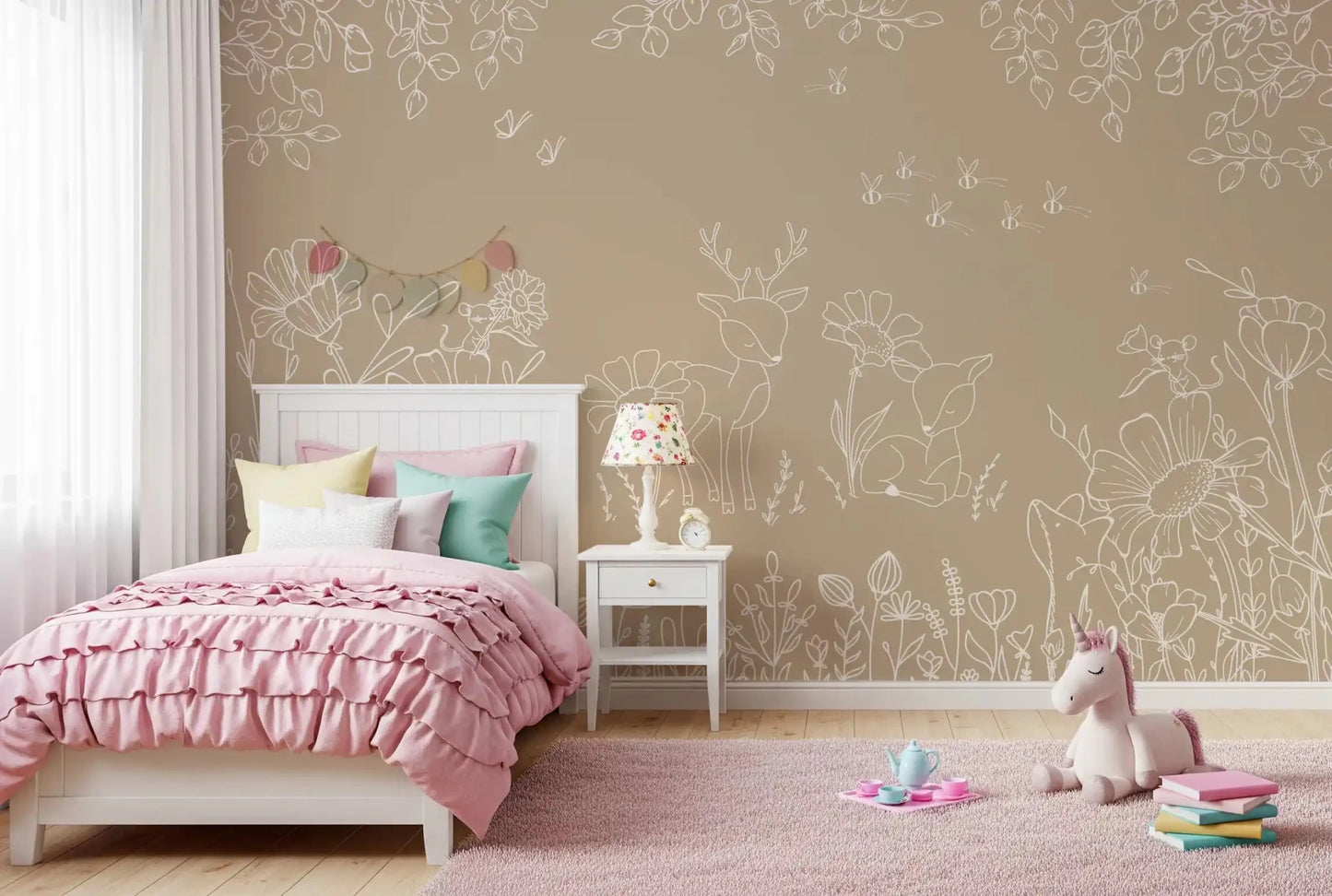 Botanical line Wall Mural in Deer Doodles Brown style, GD9183