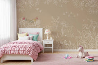 Botanical line Wall Mural in Deer Doodles Brown style, GD9183