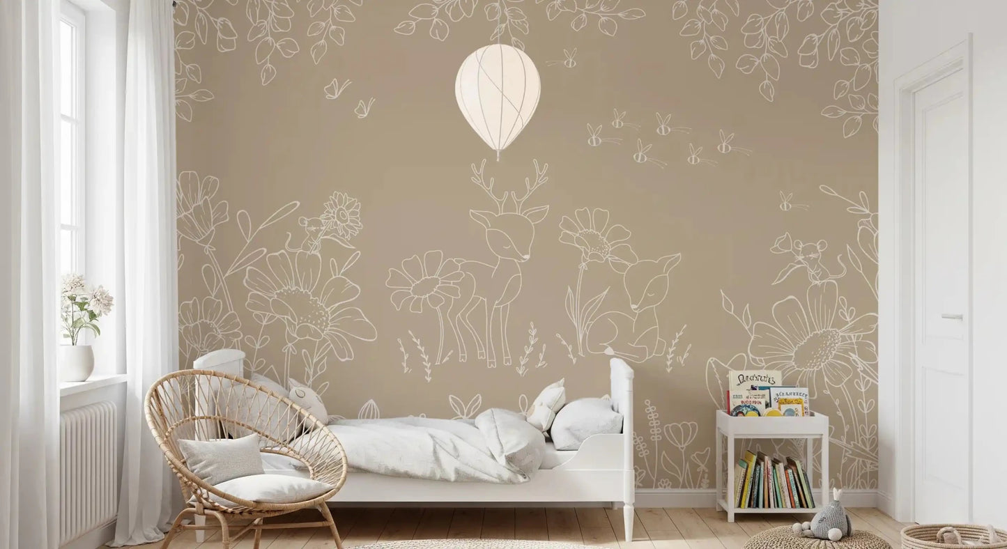 Deer Doodles Brown Wall Mural with deer and flower sketches, GD9183