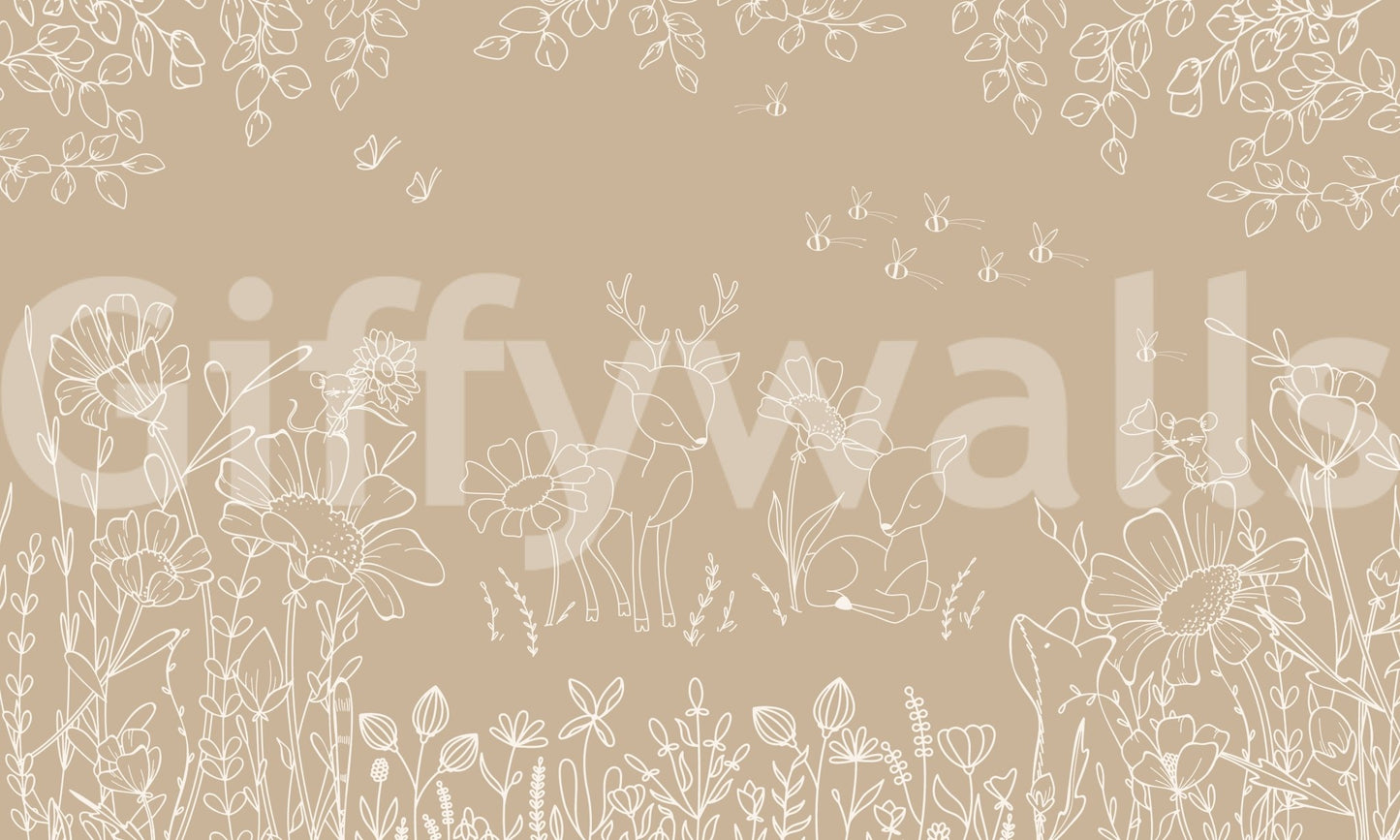Deer Doodles Brown Wall Mural with clean outline pattern, GD9183