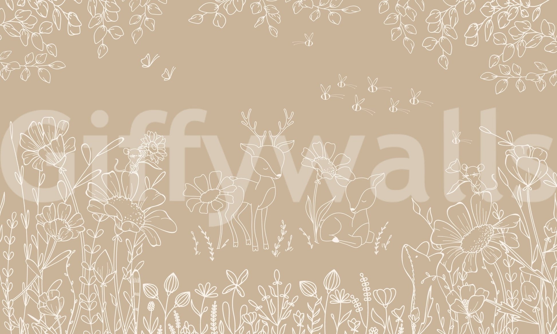 Deer Doodles Brown Wall Mural with clean outline pattern, GD9183