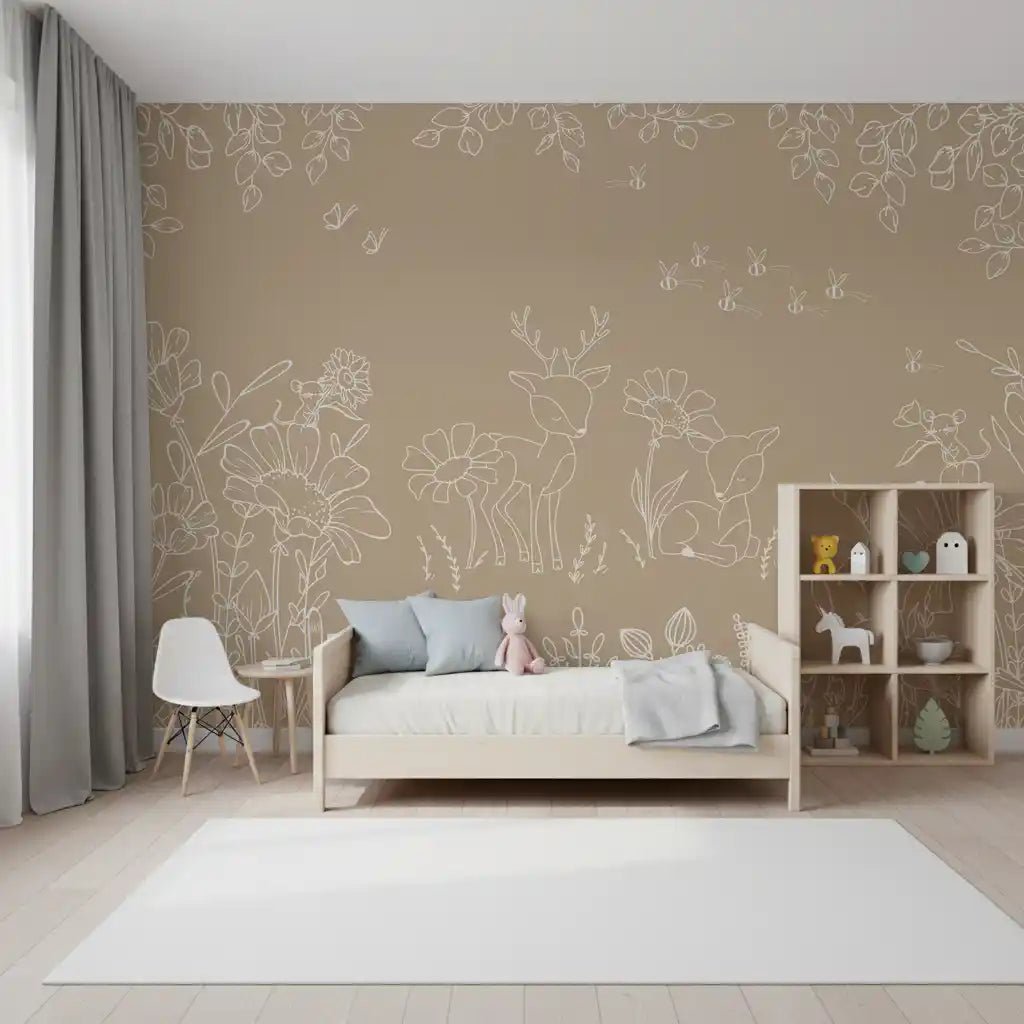 Bedroom styled in Deer Doodles Brown Nature Wall Mural design