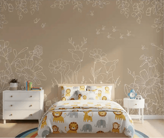 Kids bedroom with Deer Doodles Brown Wall Mural and deer line art
