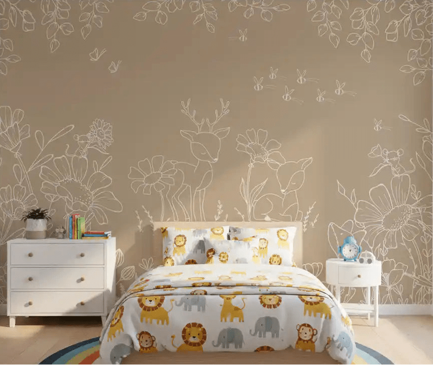 Kids bedroom with Deer Doodles Brown Wall Mural and deer line art, GD9183