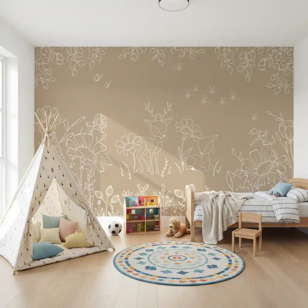 Boys room showing Deer Doodles Brown Line Art Wall Mural, GD9183
