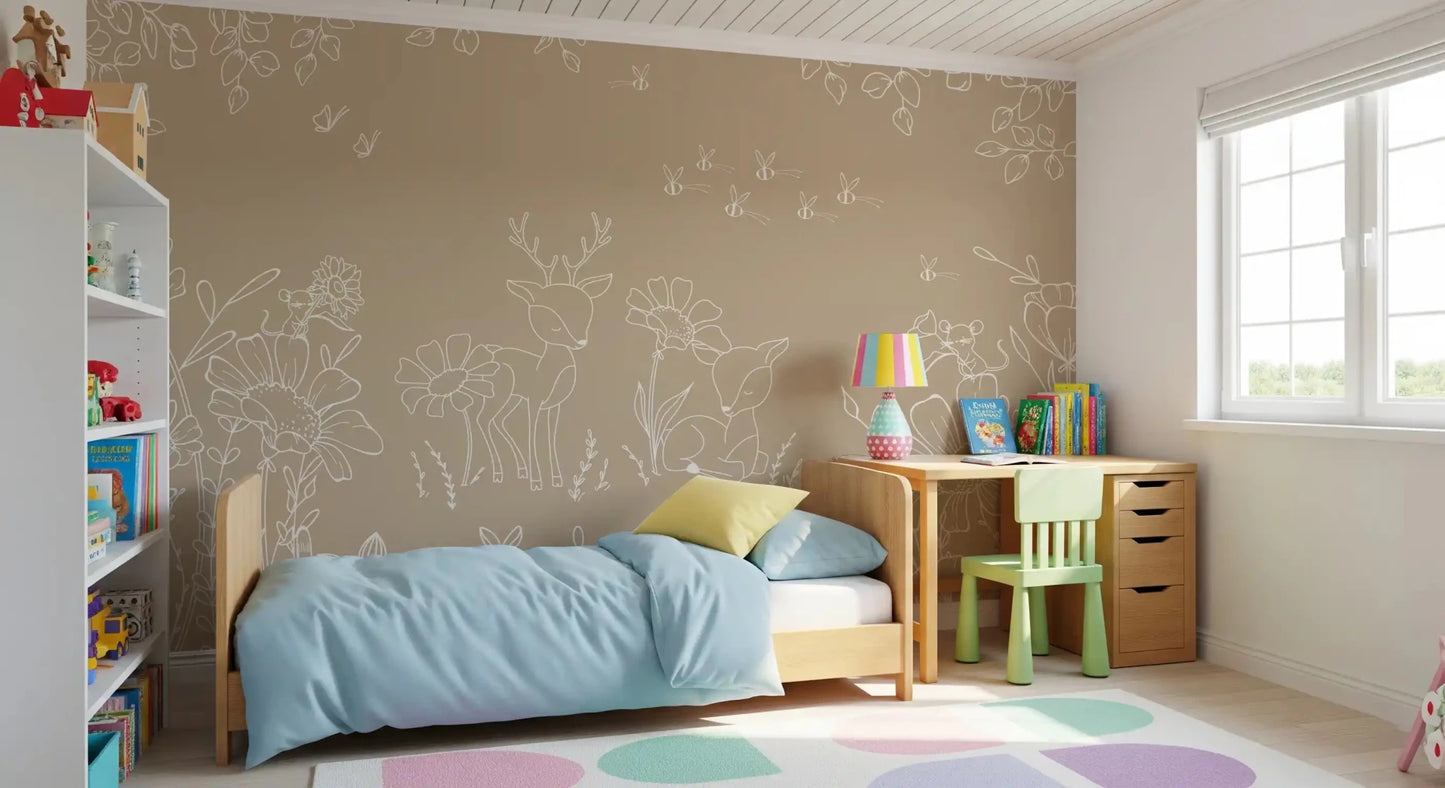 Room with Deer Doodles Brown Wall Mural and floral outlines, GD9183