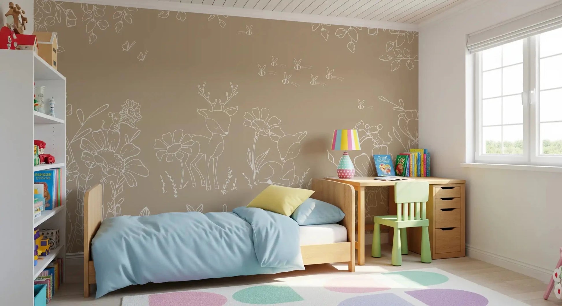 Room with Deer Doodles Brown Wall Mural and floral outlines, GD9183