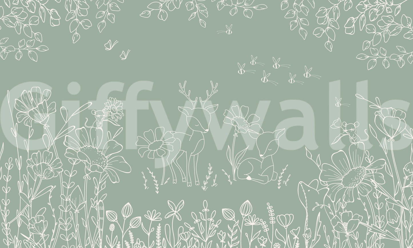 Botanical line Wall Mural in Deer Doodles Green style