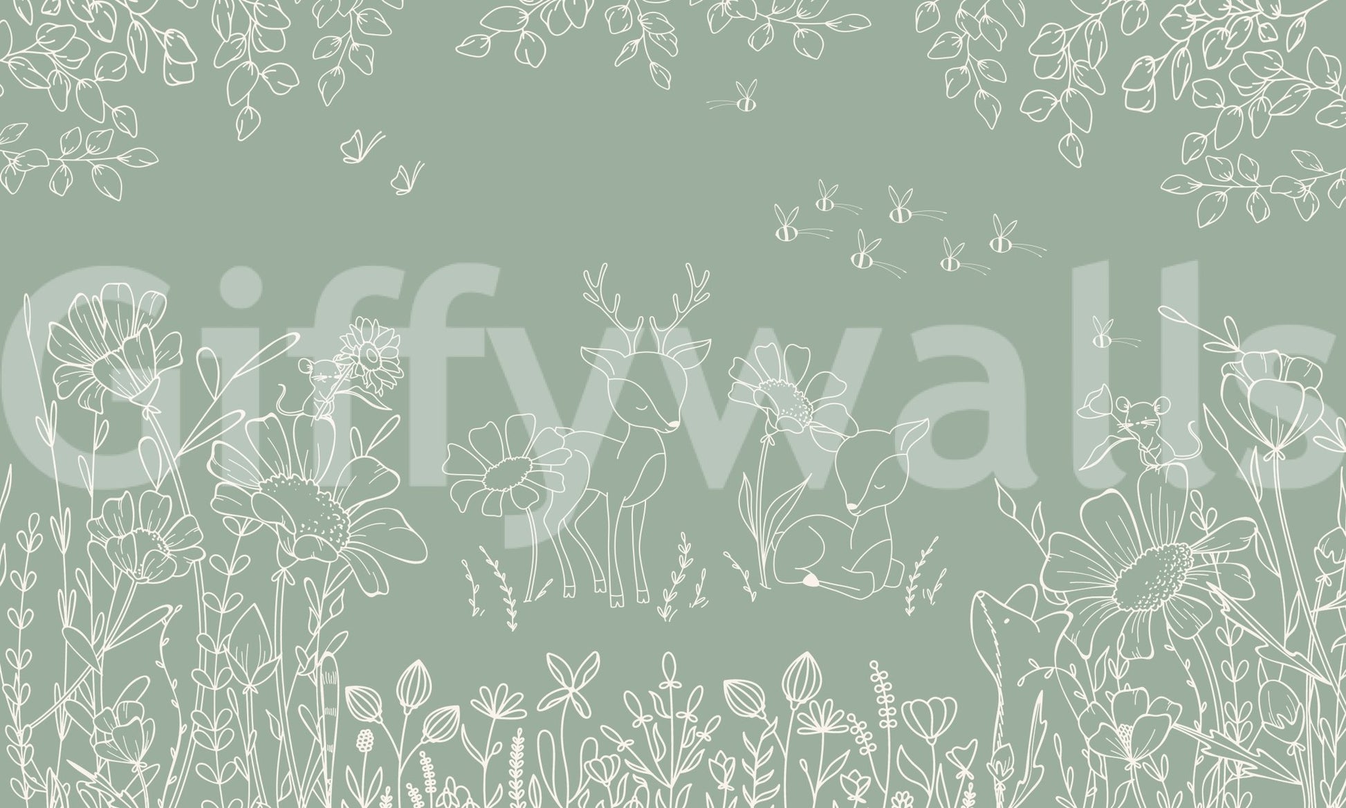 Botanical line Wall Mural in Deer Doodles Green style