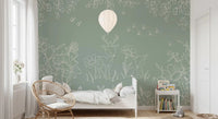 White line Wall Mural in Deer Doodles Green soft base