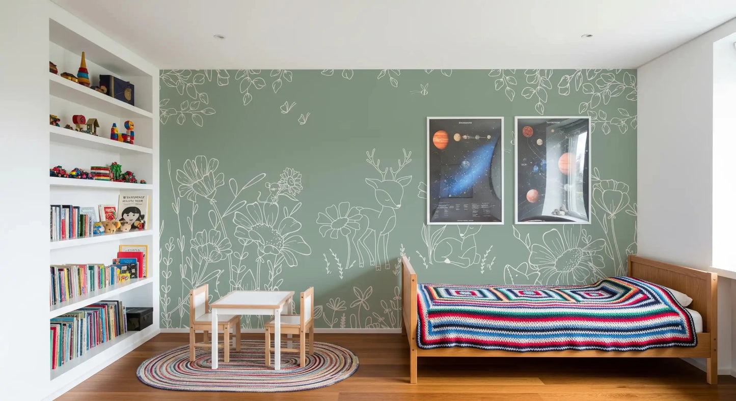 Deer Doodles Green Wall Mural with deer and flower sketches