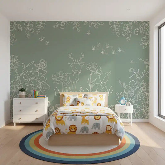Girls room with Deer Doodles Green Wall Mural and deer line art