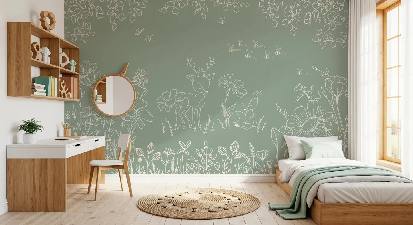 Kids room showing Deer Doodles Green Line Art Wall Mural