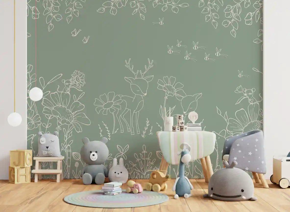 Deer Doodles Green Wall Mural with bees and floral details