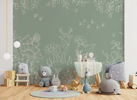 Deer Doodles Green Wall Mural with bees and floral details