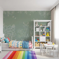Minimal sketch Wall Mural in Deer Doodles Green tone
