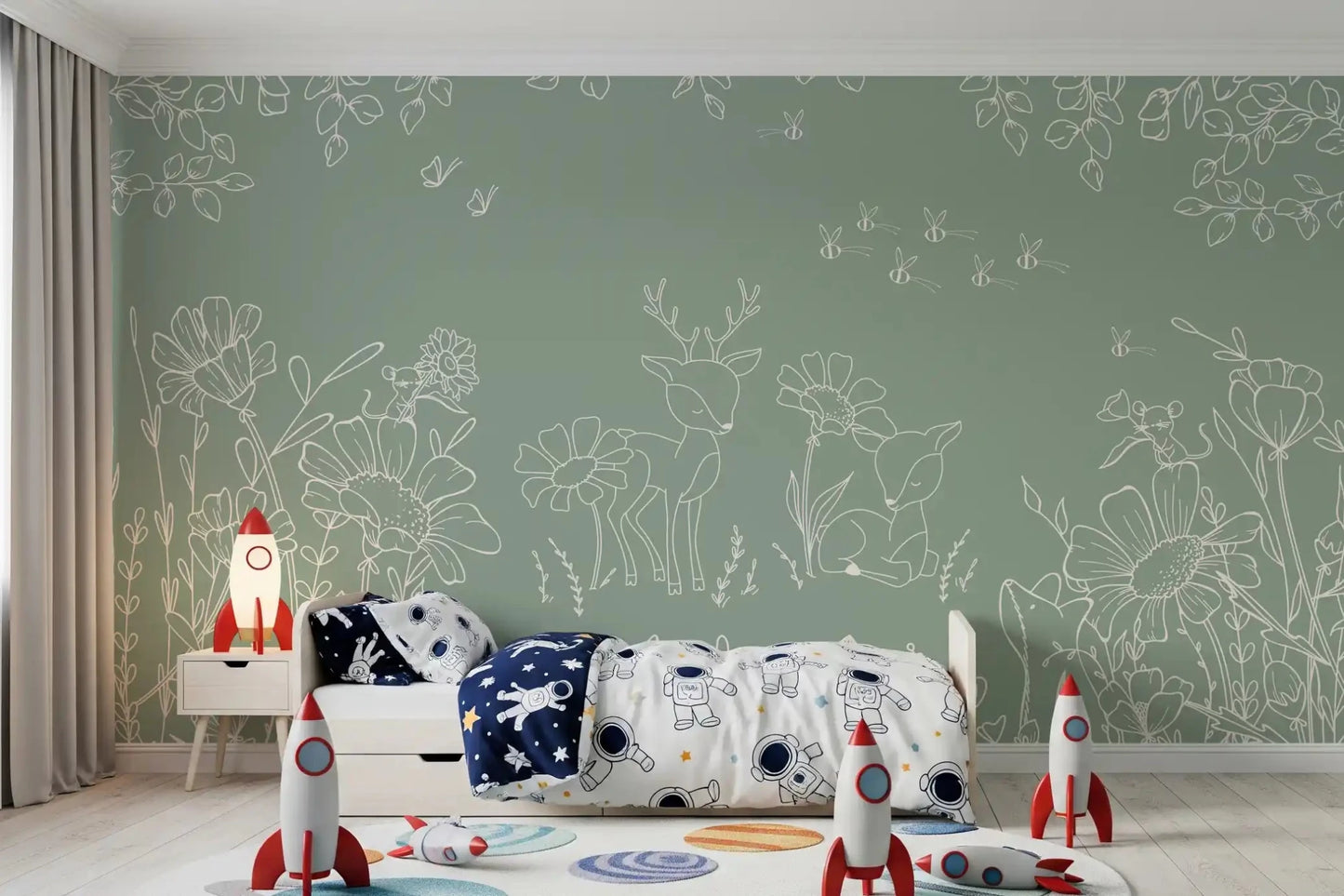 Deer Doodles Green Wall Mural with meadow and deer shapes