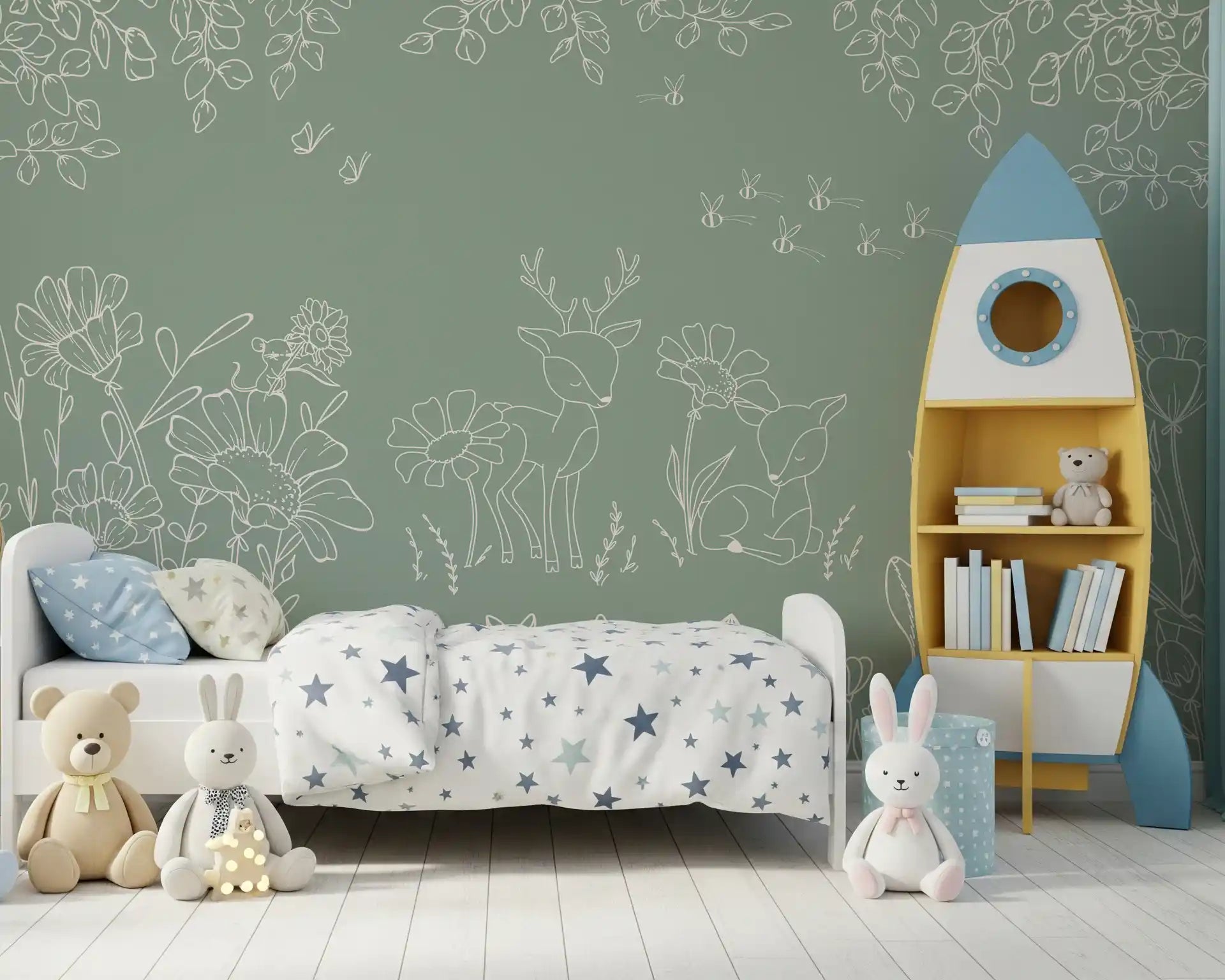 Children room with Deer Doodles Green Wall Mural and floral outlines