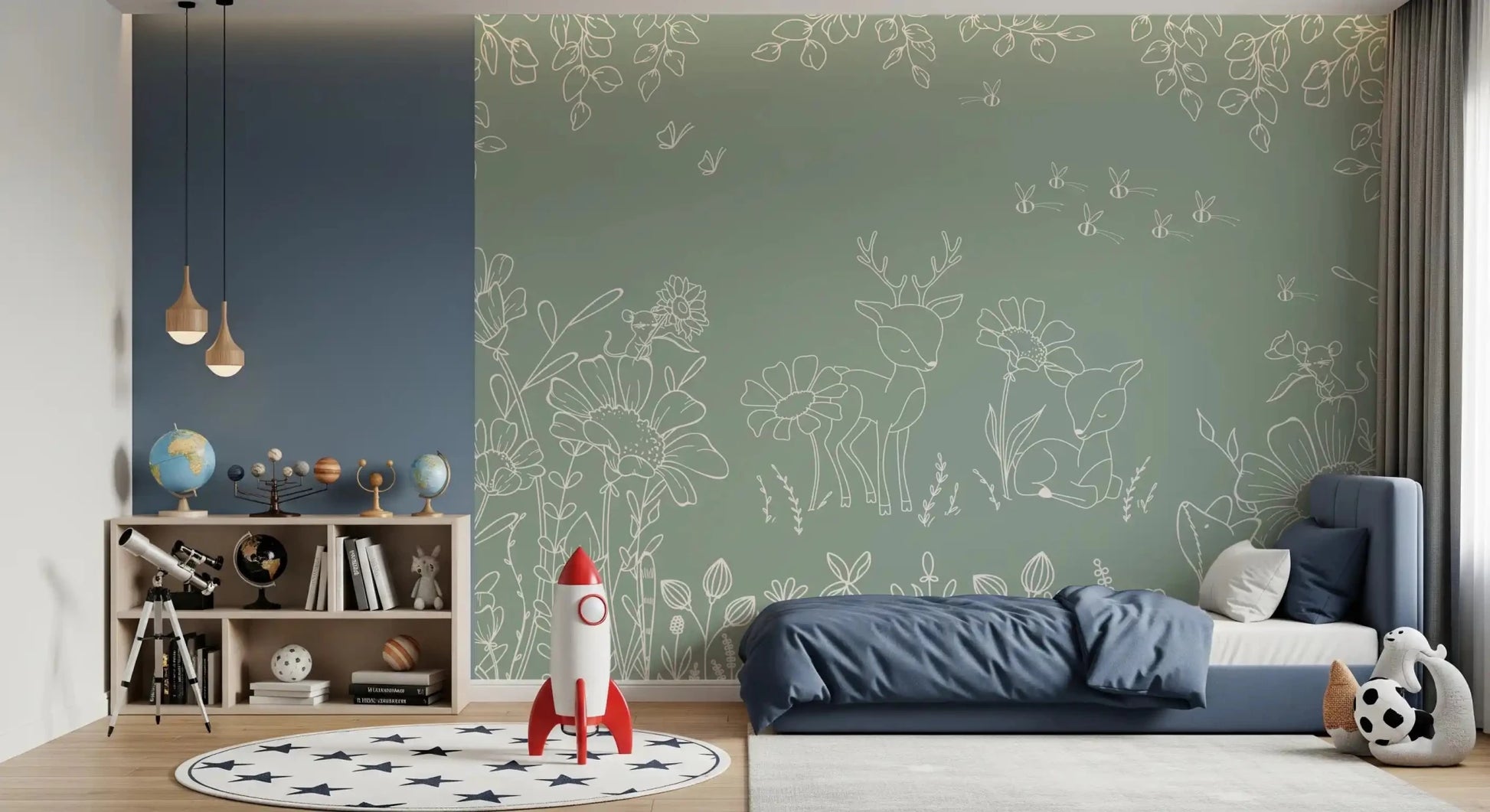 Bedroom styled in Deer Doodles Green Nature Wall Mural design