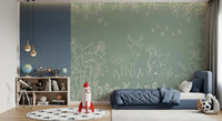 Bedroom styled in Deer Doodles Green Nature Wall Mural design