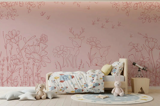 Girls bedroom with Deer Doodles Pink Dark Wall Mural line art