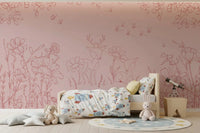 Girls bedroom with Deer Doodles Pink Dark Wall Mural line art