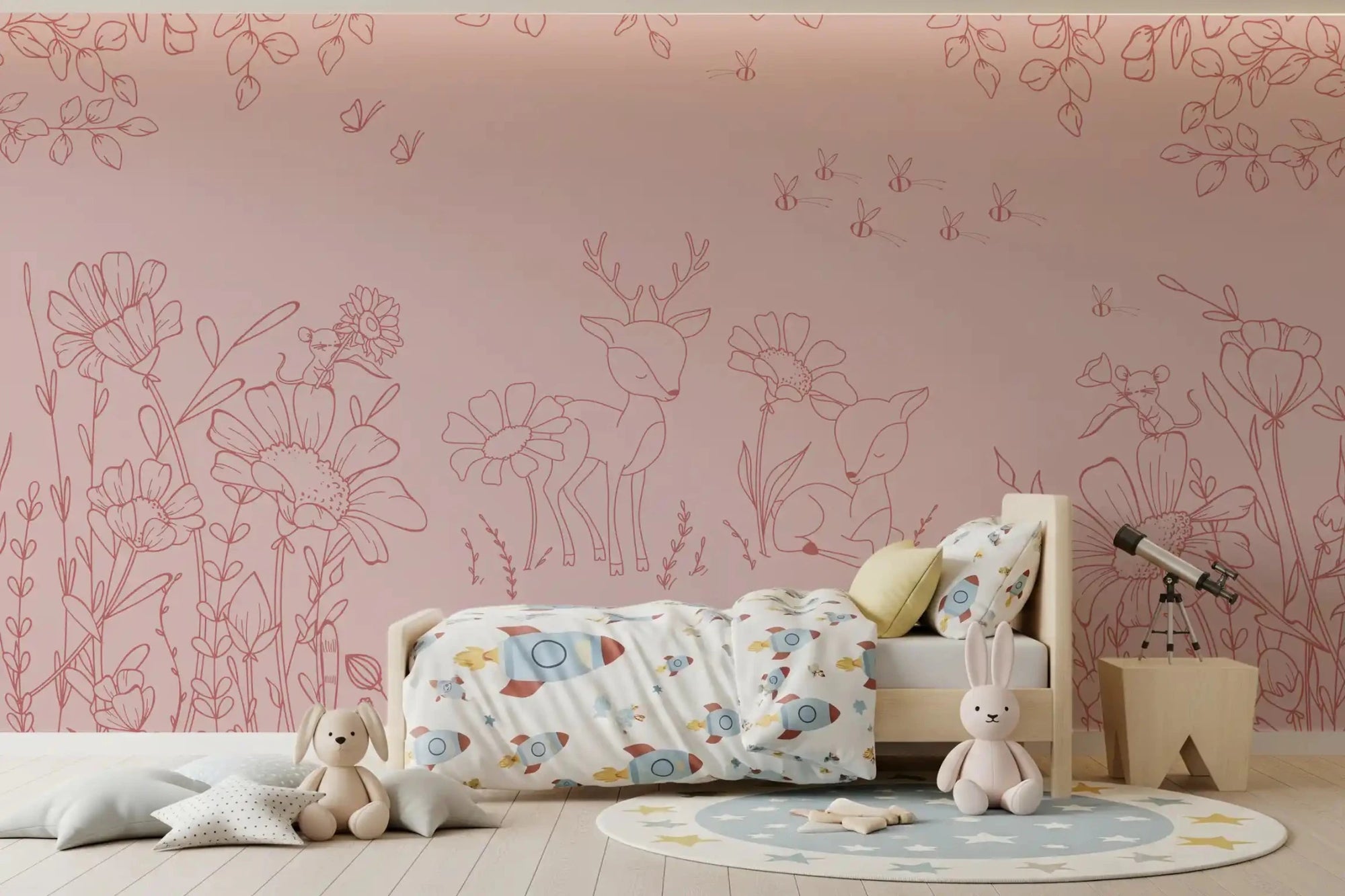 Girls bedroom with Deer Doodles Pink Dark Wall Mural line art, GD9185
