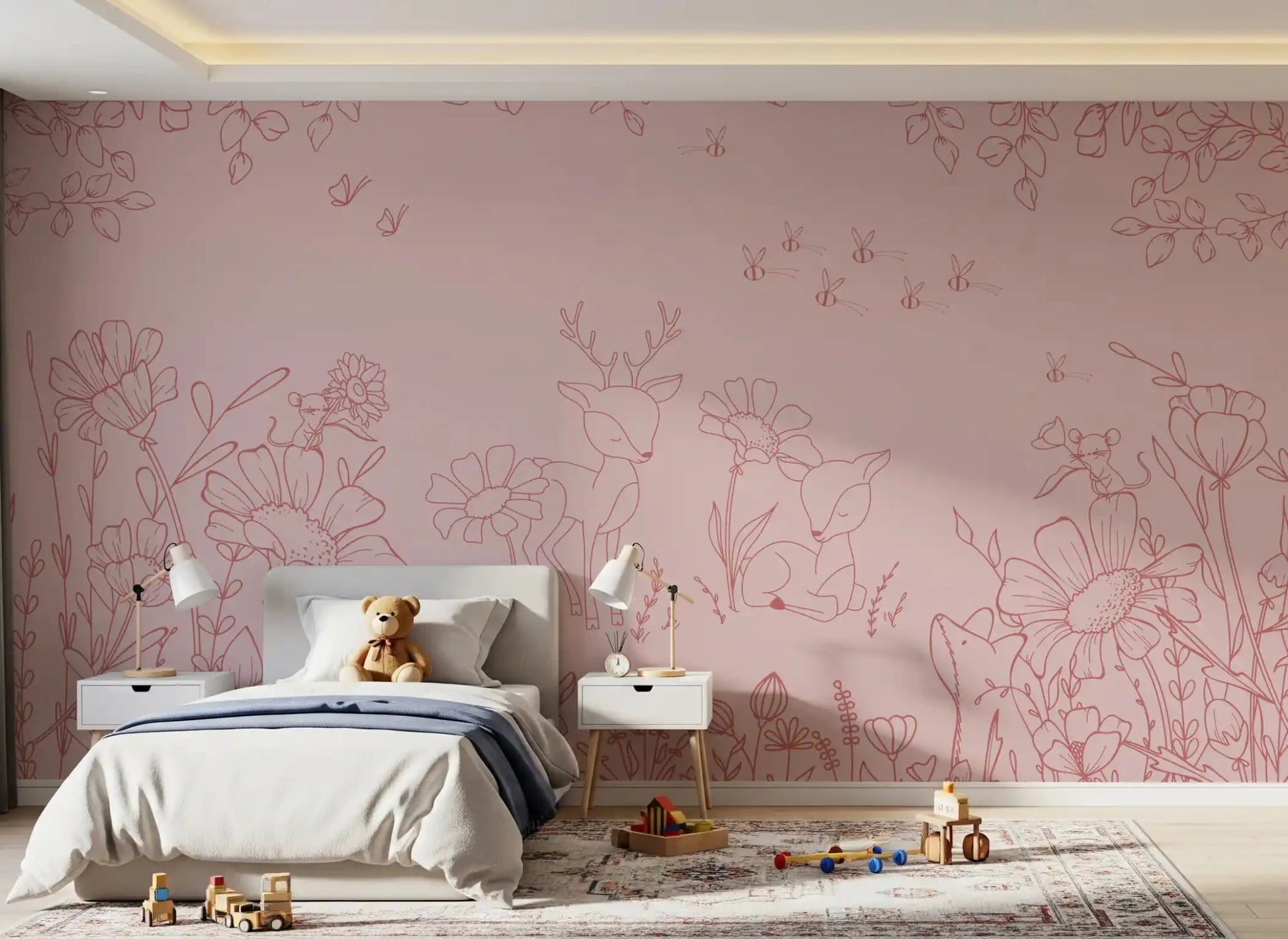 Bedroom with Deer Doodles Pink Dark Wall Mural floral sketch