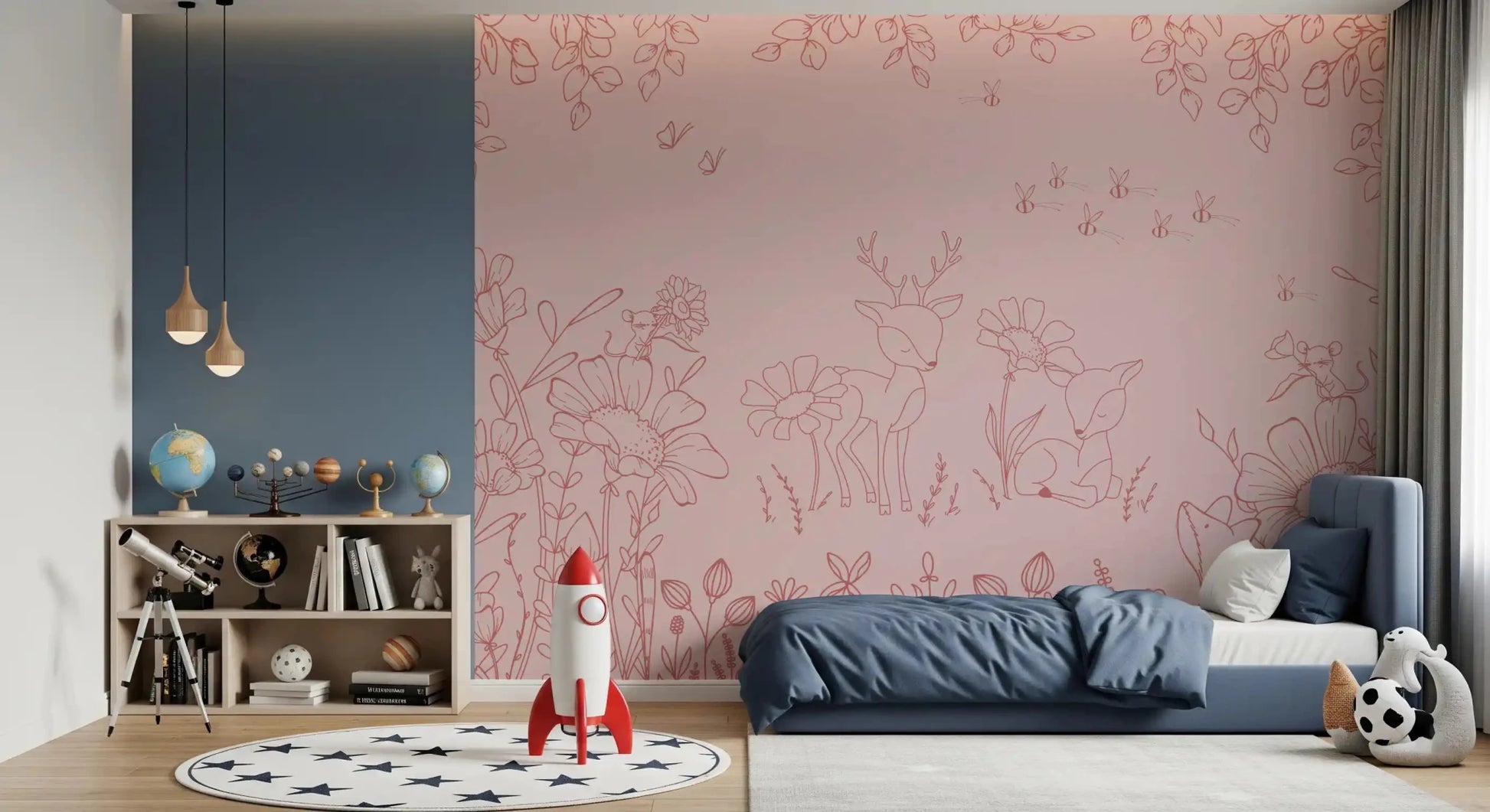 Bedroom styled in Deer Doodles Pink Dark Nature Wall Mural