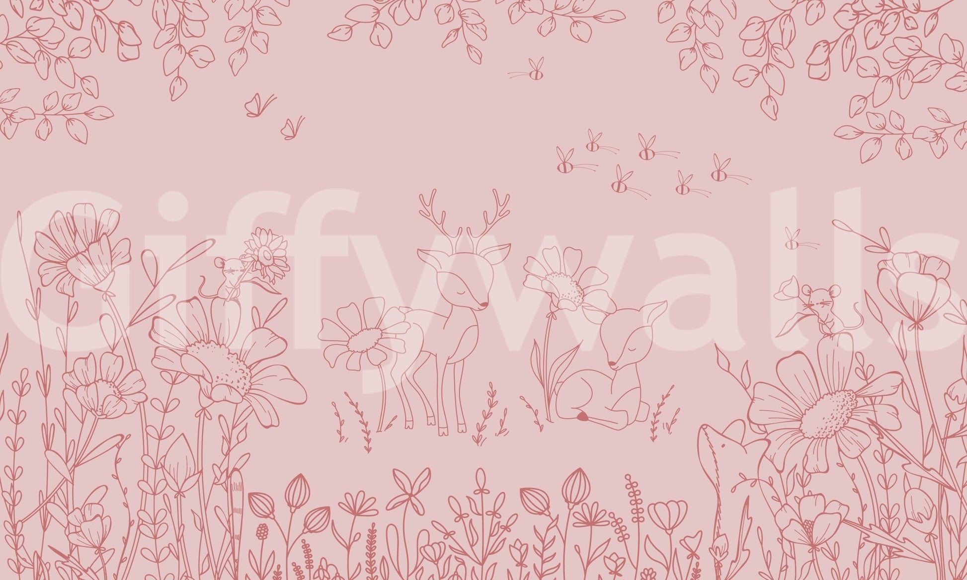 Deer Doodles Pink Dark Wall Mural with calm outline pattern