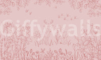 Deer Doodles Pink Dark Wall Mural with calm outline pattern