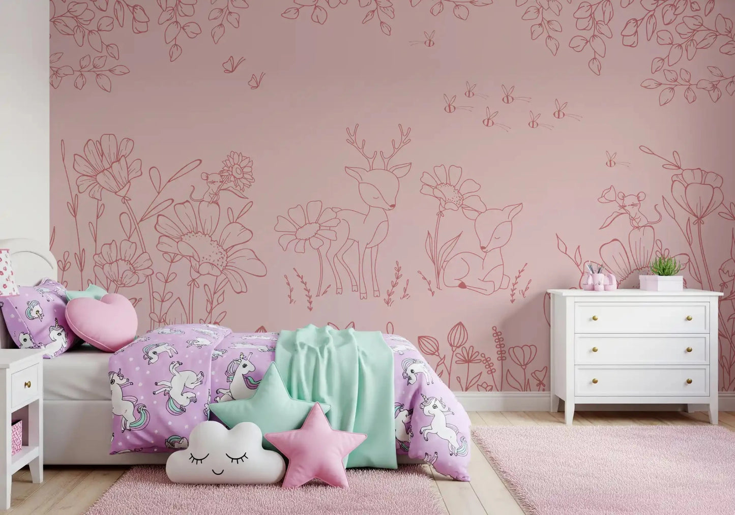 Floral sketch Wall Mural in Deer Doodles Pink Dark tone