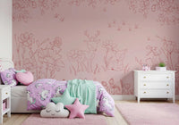 Floral sketch Wall Mural in Deer Doodles Pink Dark tone