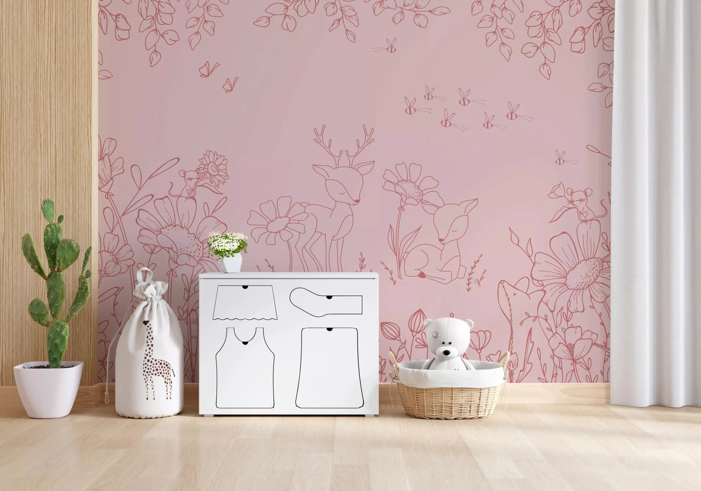 Deer Doodles Pink Dark Wall Mural with meadow details
