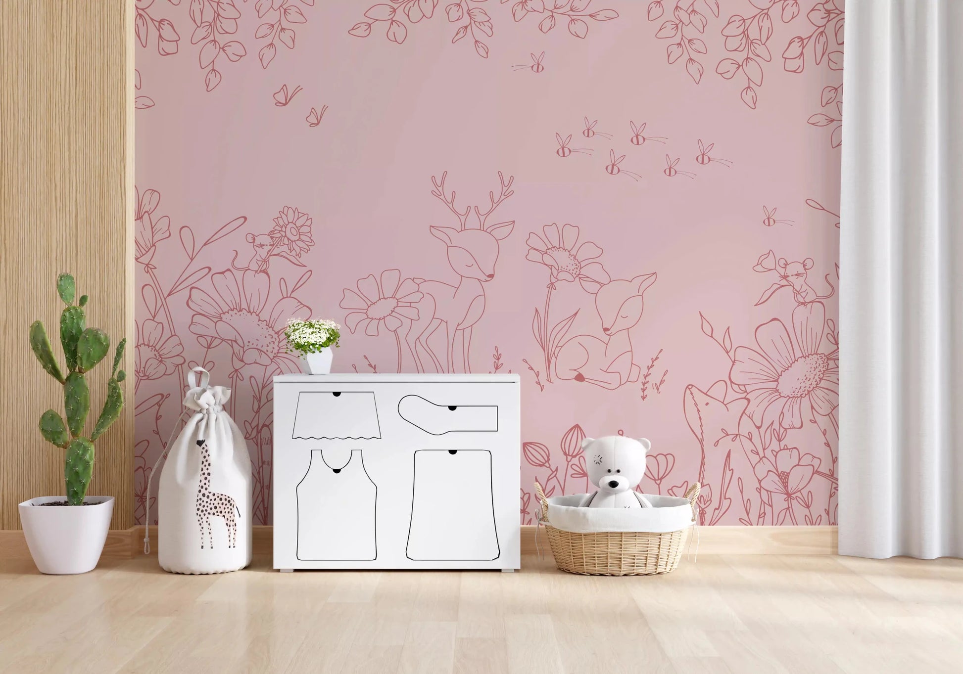 Deer Doodles Pink Dark Wall Mural with meadow details