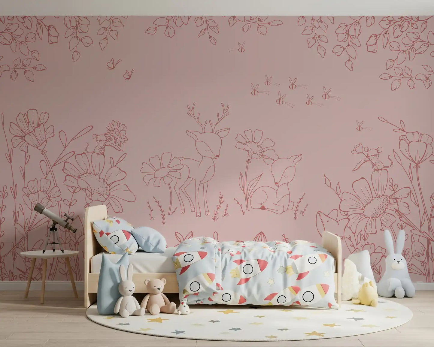 Pink line Wall Mural in Deer Doodles Pink Dark style
